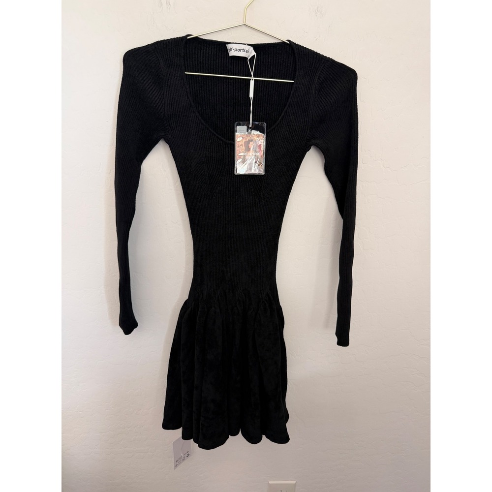 Self-Portrait Black Chenille Knit Mini Dress Womens Sz Small NWT Fairy Goth Chic